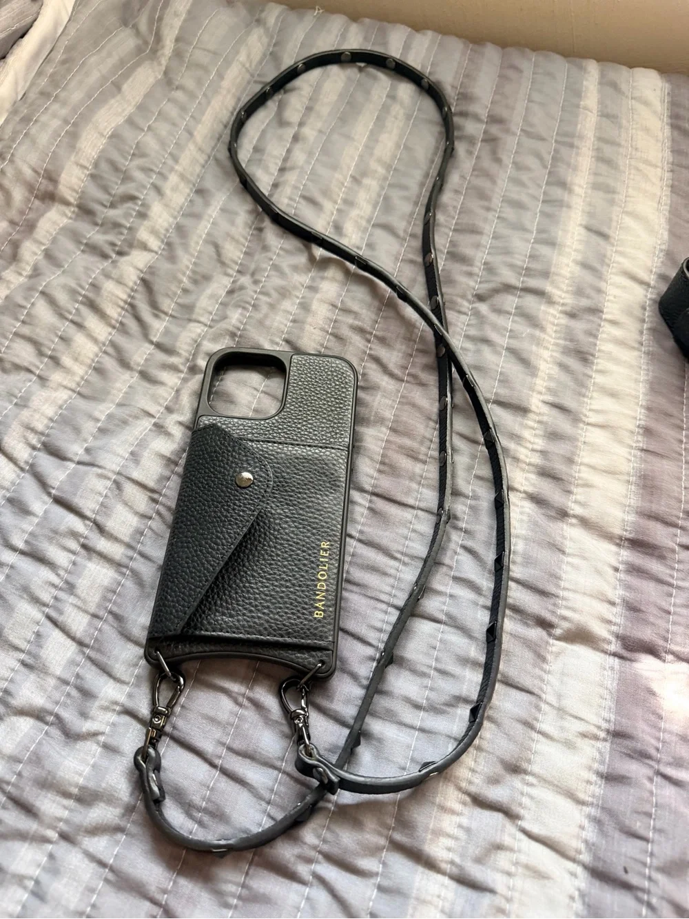Bandolier Black Pebbled Leather Crossbody Phone Case with Gold Logo